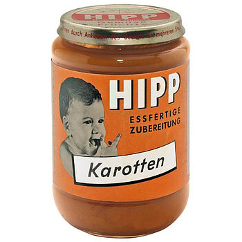 The first HiPP carrots baby food in a glass jar