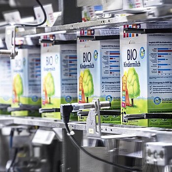 Boxes of HiPP milk formula on a filling line