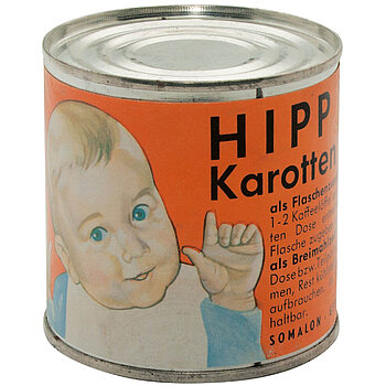 A can of HiPP carrots baby food from the 1950s