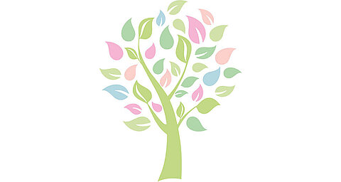 A tree with a trunk and branches, each bearing leaves in varying shades of green, pink, and blue.