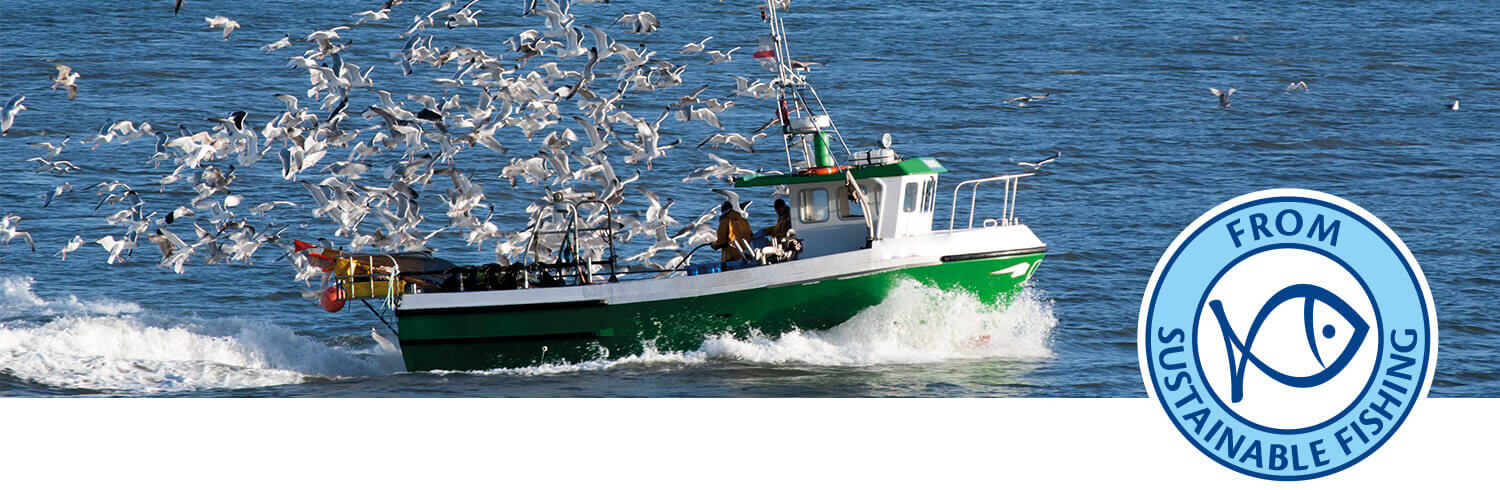 A fishing boat on the water, surrounded by birds, with a logo indicating sustainable fishing.